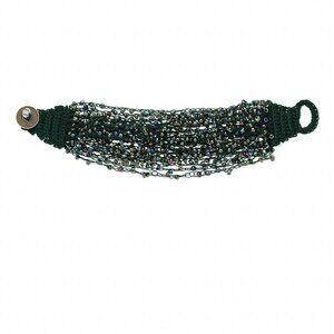 Handcrafted Woven Iris Green Oil Slick Beaded Glass Bracelet with Coin Clasp